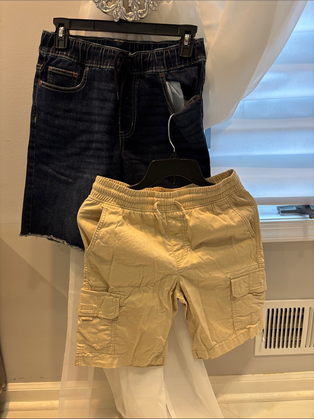 Two Pairs of Sonoma shorts with Elastic Drawstring waist Tan Cargo and Denim Y L